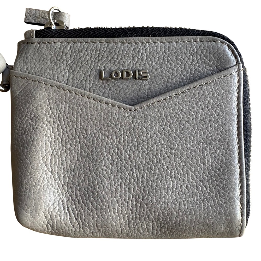 LODIS Grey Pebbled Leather L-Zip Coin Pouch Wristlet CardCase ID Wallet 4x5" EUC